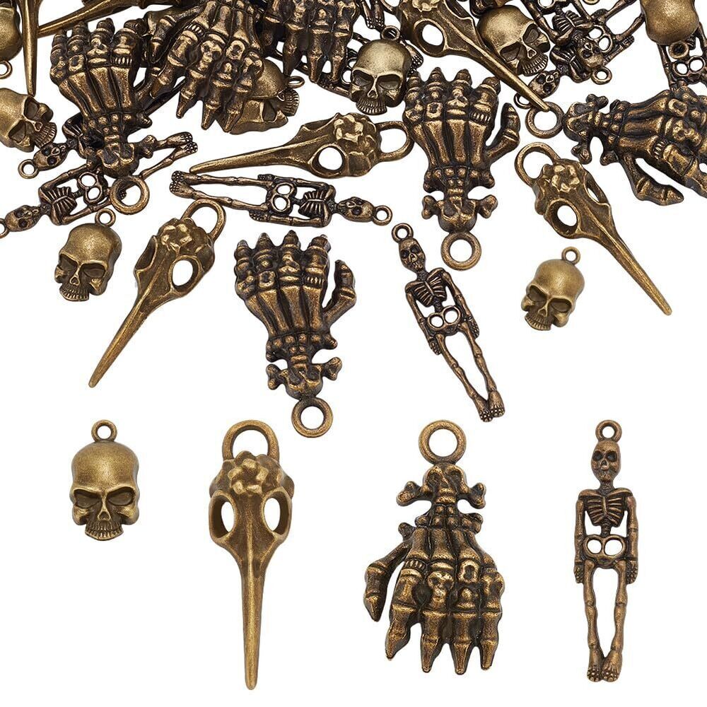 7020 60 Pcs 4 Styles Alloy Crow Raven Skull Charms Antique Bronze Metal